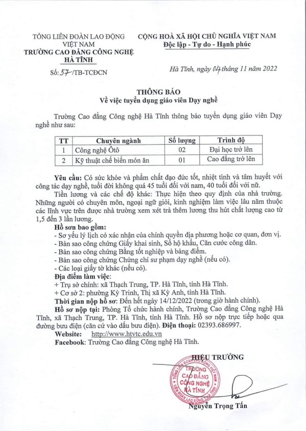 Trường CĐ CN Hà Tĩnh tuyển dụng giáo viên dạy nghề - VATC