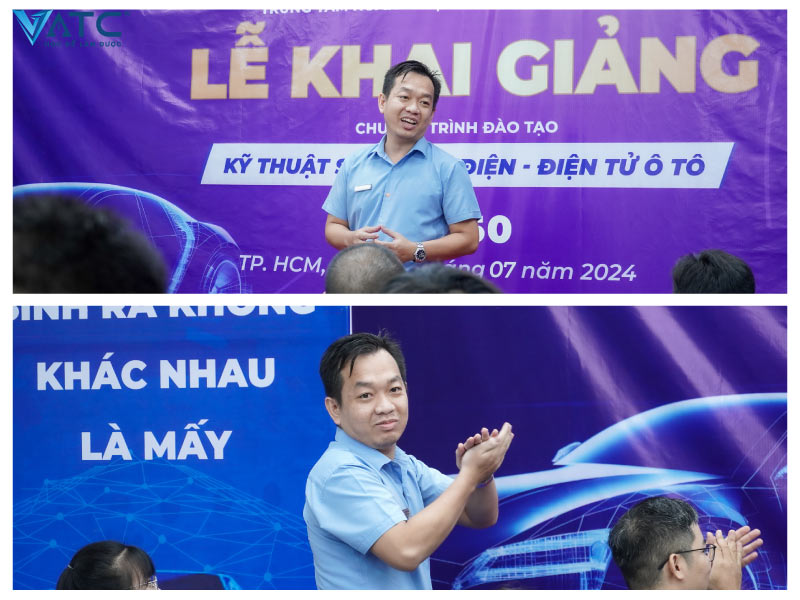 thầy Lê Quang Nghiêm phát biểu trong buổi lễ khai giảng K50