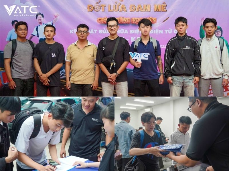 các anh em học viên check-in và làm thủ tục nhập học tại trung tâm huấn luyện kỹ thuật ô tô việt nam vatc