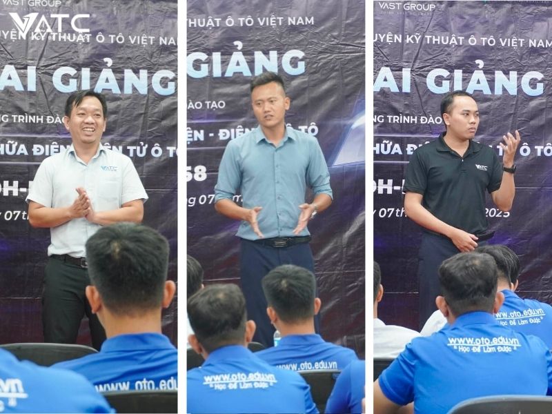 quý ban lãnh đạo cùng quý giảng viên phát biểu trong buổi lễ khai giảng lớp kỹ thuật sửa chữa điện - điện tử ô tô k58