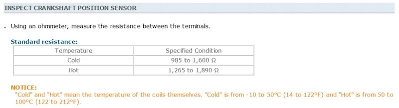 thông số điện trở của cảm biến vị trí trục khuỷu trên xe Toyota Camry 2006