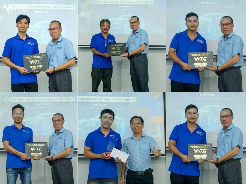 khoảnh khắc vinh danh, trao bằng cho các học viên tiêu biểu của lớp Kỹ thuật sửa chữa xe ô tô Điện - xe ô tô Hybrid K4