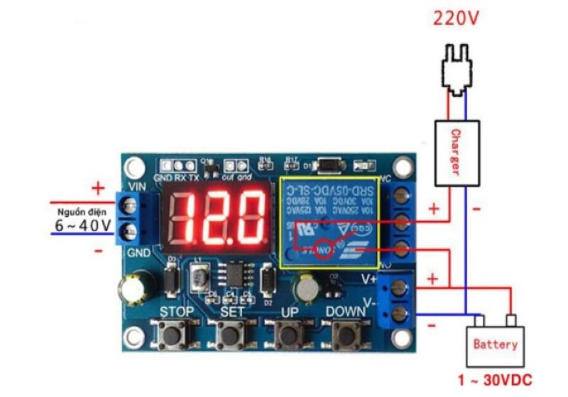 Sơ đồ kết nối đo điện áp và sạc của Mạch sạc xả và bảo vệ pin