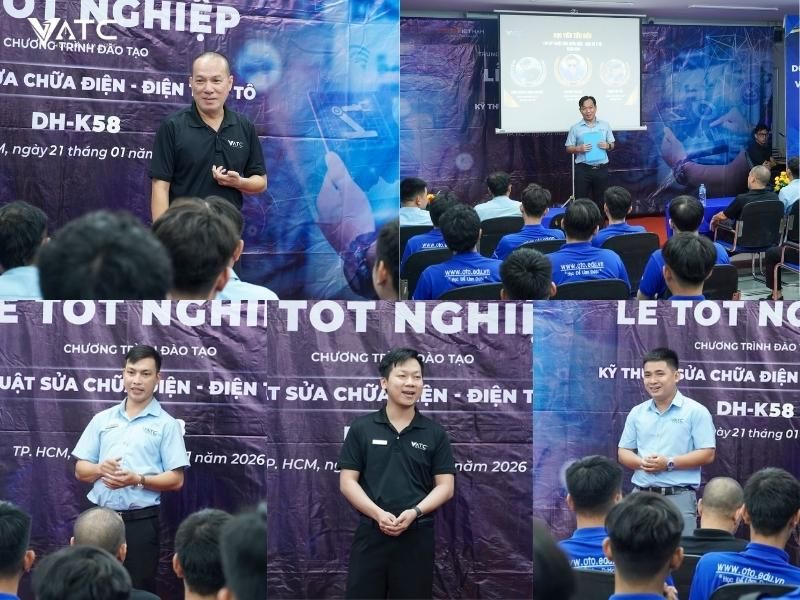 H5. Quý Ban lãnh đạo và Giảng viên chia sẻ tại buổi Lễ tốt nghiệp lớp Kỹ thuật sửa chữa điện - điện tử ô tô K58