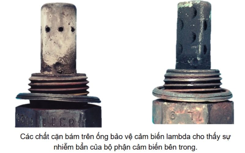 Các chất cặn bám trên ống bảo vệ cảm biến lambda